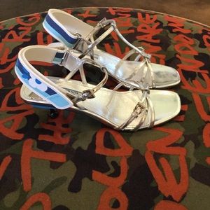 New Prada Kitten Heel Metallic Sandals